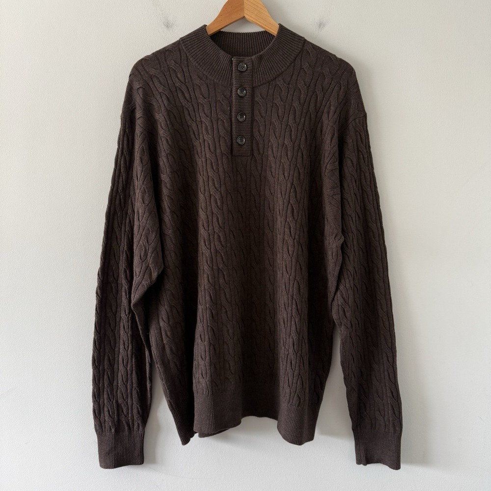 Peter Millar Merino Wool Sweater Mens XXL 1/4‎ Button Cable Knit Fisherman Brown